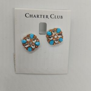 NWT Charter Club Turquoise Floral Crystal Cluster Stud Earrings